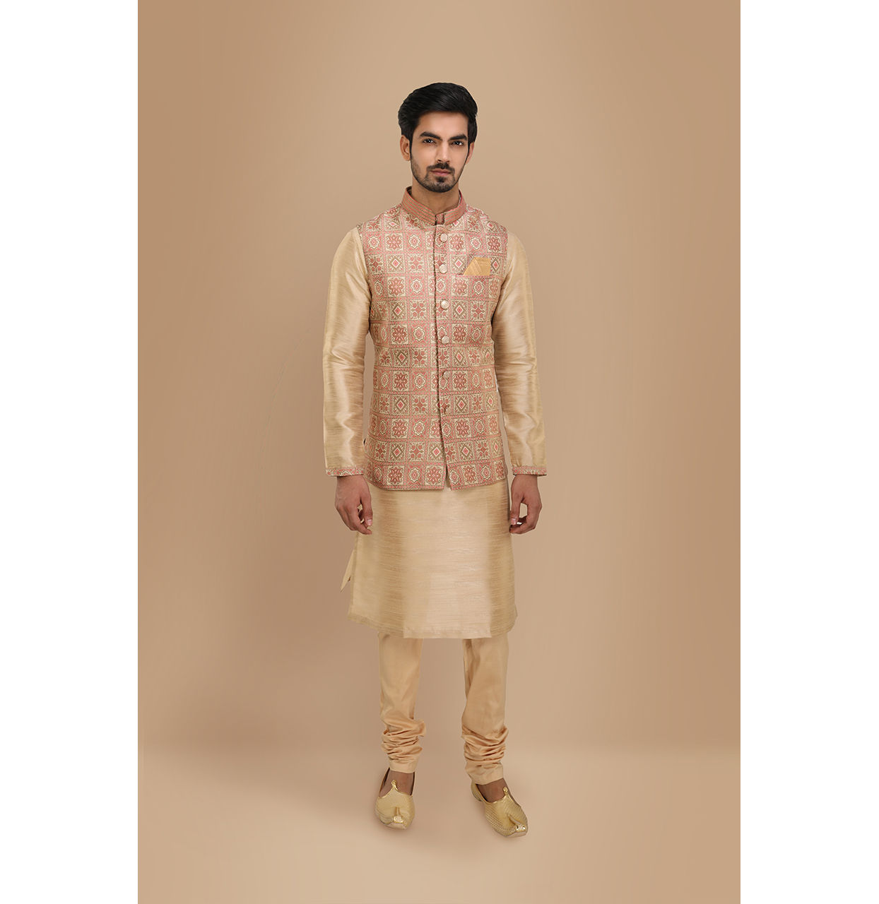 Beige Printed Cotton Kurta With Jacket